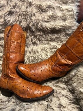 Nocona Men's FULL Ostrich Patchwork Western Boots - PECAN Tan Brown Sz 8.5 3E